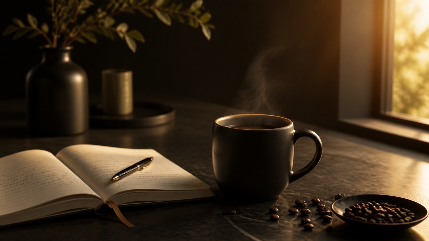 Morning coffee beside an open journal
